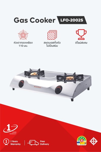 Double burner gas stove with brass burners and curved stainless steel body
