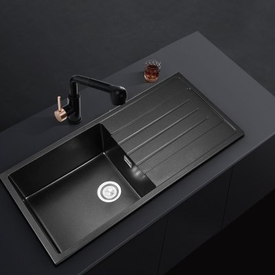 Single bowl granite kitchen sink with drainboard and top mount installation