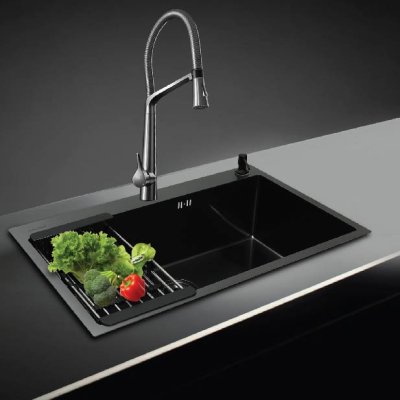 Single bowl kitchen sink with PVD coating and top mount installation