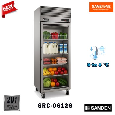 ตู้แช่สแตนเลส ทรงยืน 1 ประตูกระจก ﻿แช่เย็น ยี่ห้อ Sanden รุ่น ﻿SRC-0612G (530 ลิตร)