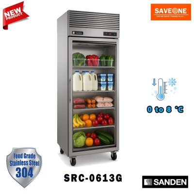 ตู้แช่สแตนเลส เกรด 304 ทรงยืน 1 ประตูกระจก ﻿แช่เย็น ยี่ห้อ Sanden รุ่น ﻿SRC-0613G (530 ลิตร)