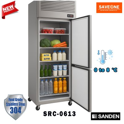 ตู้แช่สแตนเลส เกรด 304 ทรงยืน 2 ประตูทึบ ﻿แช่เย็น ยี่ห้อ Sanden รุ่น ﻿SRC-0613 (530 ลิตร)