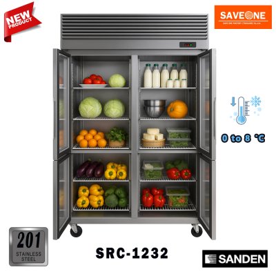 ตู้แช่สแตนเลส เกรด 304 ทรงยืน 4 ประตูทึบ แบบ﻿แช่เย็น ยี่ห้อ Sanden รุ่น SRC-1233 (1,030 ลิตร)