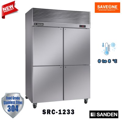 ตู้แช่สแตนเลส เกรด 304 ทรงยืน 4 ประตูทึบ แบบ﻿แช่เย็น ยี่ห้อ Sanden รุ่น SRC-1233 (1,030 ลิตร)