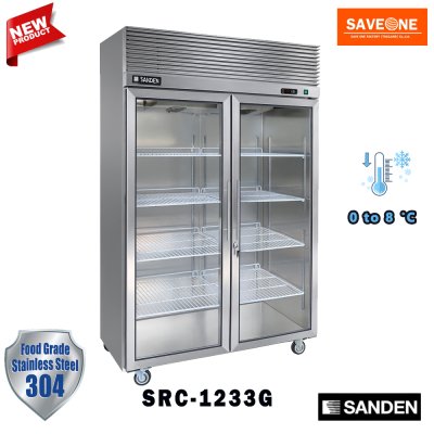 ตู้แช่สแตนเลส เกรด 304 ทรงยืน 2 บานกระจก แช่เย็น ยี่ห้อ Sanden รุ่น SRC-1233G (1,030 ลิตร)