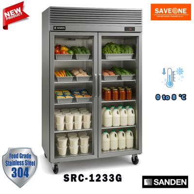 ตู้แช่สแตนเลส เกรด 304 ทรงยืน 2 บานกระจก แช่เย็น ยี่ห้อ Sanden รุ่น SRC-1233G (1,030 ลิตร)