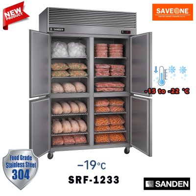 ตู้แช่แข็ง สแตนเลส เกรด 304 ทรงยืน 4 ประตูทึบ ยี่ห้อ Sanden รุ่น SRF-1233 (1,030 ลิตร)