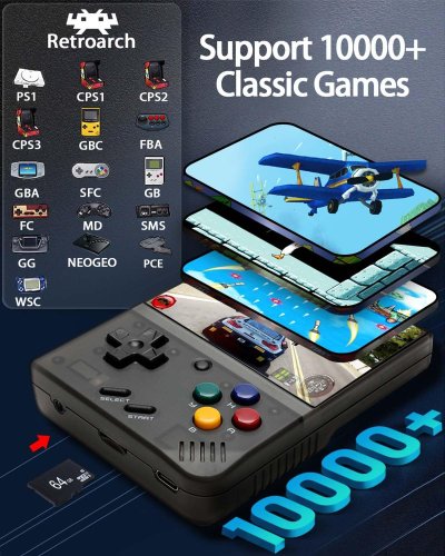 Retro Handheld Game Console Mini Plus - 64G TF Card Included - Supports 10000+ Games - 3.5-inch Portable Rechargeable Open Source Emulator with Storage Case (Black)