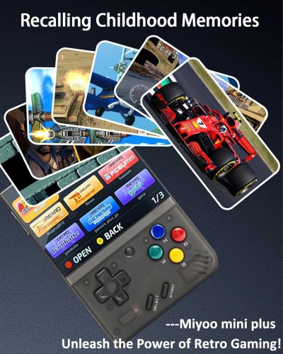 Retro Handheld Game Console Mini Plus - 64G TF Card Included - Supports 10000+ Games - 3.5-inch Portable Rechargeable Open Source Emulator with Storage Case (Black)