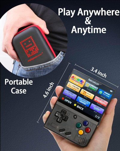 Retro Handheld Game Console Mini Plus - 64G TF Card Included - Supports 10000+ Games - 3.5-inch Portable Rechargeable Open Source Emulator with Storage Case (Black)