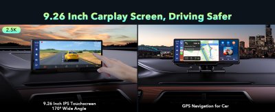 9.26" Wireless Car Stereo: Apple CarPlay, 2.5K Dash Cam, Backup Camera, GPS Navigation, Bluetooth, AirPlay, AUX/FM, Googel, Siri