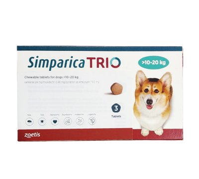 Simparica Trio สุนัข 10 - 20 กก [3 เม็ด/กล่อง] ซิมพาริก้า ทรีโอ้