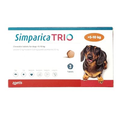 Simparica Trio สุนัข 5 - 10 กก [3 เม็ด/กล่อง] ซิมพาริก้า ทรีโอ้