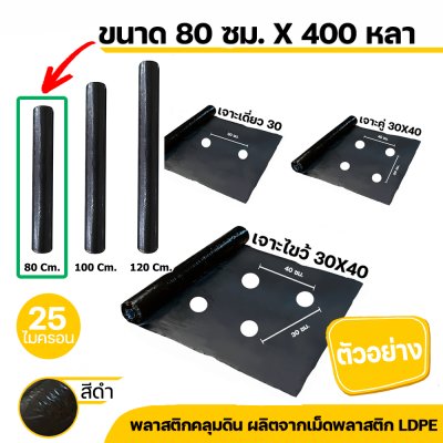 พลาสติกคลุมดิน ผ้าคลุมดิน (เจาะรู) ขนาด กว้าง 80 CM. 100 CM. 120 CM. x 400 หลา หนา 25 ไมครอน สีดำ