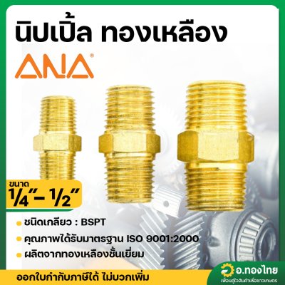 นิปเปิ้ล ทองเหลือง (ต่อตรงเกลียวนอก) ขนาด 3/8 , 1/4 , 1/2 นิ้ว ยี่ห้อ ANA