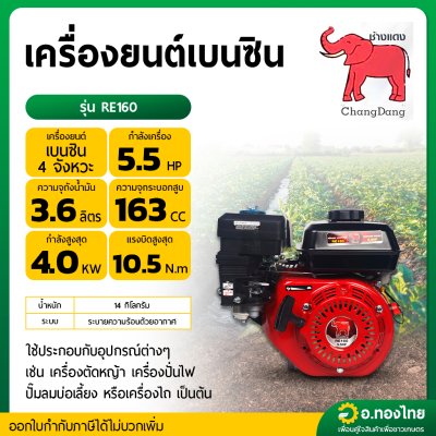 เครื่องยนต์เบนซิน 4จังหวะ 5.5 HP รุ่น : RE160 ช้างแดง (Chang Dang)