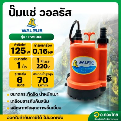 ปั๊มแช่ ไดโว่ ปั๊มดูดน้ำ ปั๊มจุ่ม 1 นิ้ว รุ่น PW100E ยี่ห้อ วอลรัส (Walrus Pump)