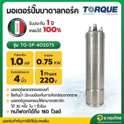 มอเตอร์ปั๊มบาดาล มอเตอร์ซับเมอร์ส (TORQUE) 1.0 Hp 1 เฟส 220 V