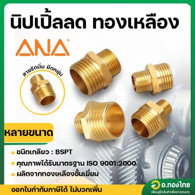 นิปเปิ้ลลดทองเหลือง ต่อตรงทองเหลือง (เกลียวนอก) ขนาด 1/4 -1/2 นิ้ว (2-4หุน) ยี่ห้อ ANA
