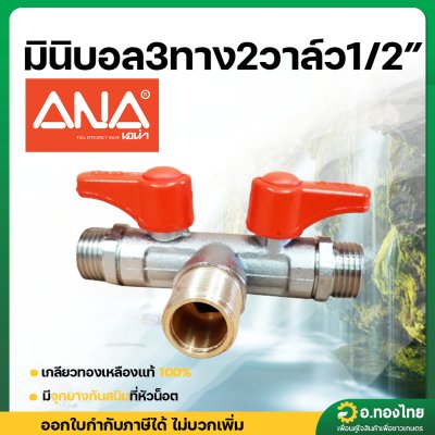 มินิบอลวาล์ว 3 ทาง (2 วาล์ว) ทองเหลือง ผู้+ผู้+ผู้ ขนาด 1/2 นิ้ว ยี่ห้อ ANA