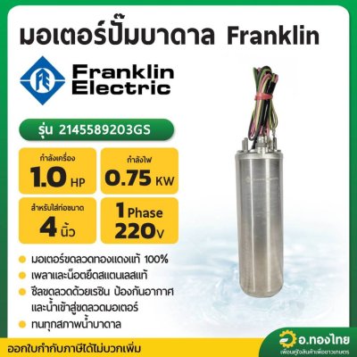 มอเตอร์ปั๊มบาดาล มอเตอร์ซับเมอร์ส (Franklin) 1.0 Hp 1 เฟส 220 V