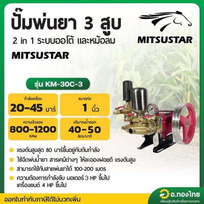 ปั๊มพ่นยา 3 สูบ เครื่องพ่นยาสามสูบ ทางดูด 1 นิ้ว (หม้อลม) ยี่ห้อมิตซูสตาร์ (MITSUSTAR) รุ่น MS-30C-1