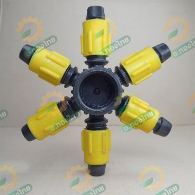 ข้อต่อ 6 ทาง ข้อต่อแยกเทปน้ำหยด เกลียวใน 1 นิ้ว*16 มม. (แบบหมุนล็อค) สีเหลือง