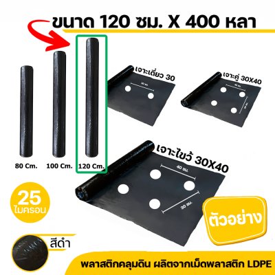 พลาสติกคลุมดิน ผ้าคลุมดิน (เจาะรู) ขนาด กว้าง 80 CM. 100 CM. 120 CM. x 400 หลา หนา 25 ไมครอน สีดำ