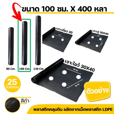 พลาสติกคลุมดิน ผ้าคลุมดิน (เจาะรู) ขนาด กว้าง 80 CM. 100 CM. 120 CM. x 400 หลา หนา 25 ไมครอน สีดำ