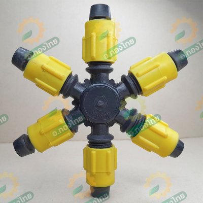 ข้อต่อ 6 ทาง ข้อต่อแยกเทปน้ำหยด เกลียวใน 1 นิ้ว*16 มม. (แบบหมุนล็อค) สีเหลือง