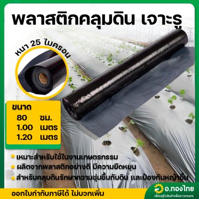 พลาสติกคลุมดิน ผ้าคลุมดิน (เจาะรู) ขนาด กว้าง 80 CM. 100 CM. 120 CM. x 400 หลา หนา 25 ไมครอน สีดำ