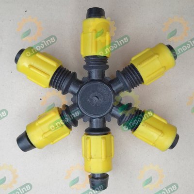 ข้อต่อ 6 ทาง ข้อต่อแยกเทปน้ำหยด เกลียวใน 1 นิ้ว*16 มม. (แบบหมุนล็อค) สีเหลือง