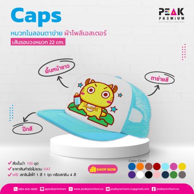 หมวกไนลอน_ตาข่าย_พื้นหน้าขาว_ปีกสี_ผ้าโพลีเอสเตอร์_เส้นรอบวงหมวก_22_cm_มี_14_สี