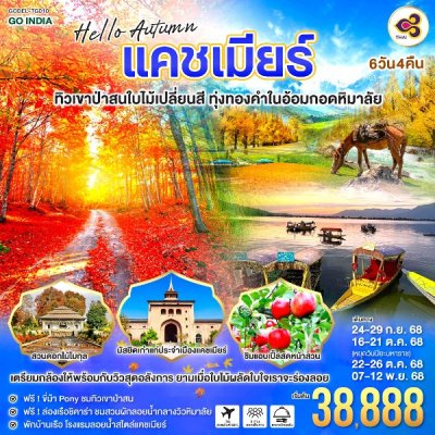 ทัวร์อินเดีย แคชเมียร์  INDIA  HELLO AUTUMN KASHMIR 6วัน 4คืน บินTG เดินทาง ก.ย.-พ.ย. 68 ราคาเริ่ม 38,888 บาท