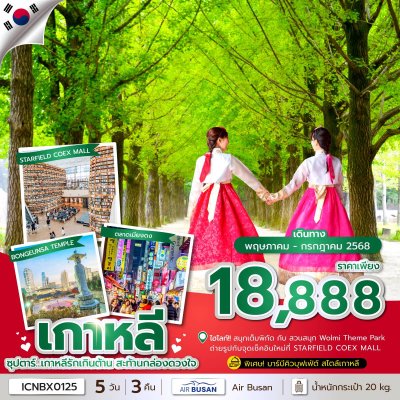ทัวร์เกาหลี รักเกินต้าน สะท้านกล่องดวงใจ 5 วัน 3 คืน บินBX เดินทาง พฤษภาคม - กรกฎาคม 68 ราคาเพียง 18,888 บาท