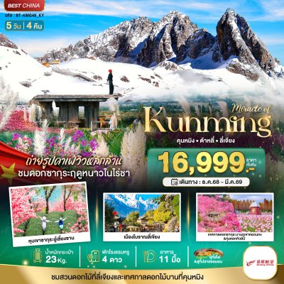 ทัวร์คุนหมิง ต้าหลี่ ลี่เจียง ภูเขาหิมะมังกรหยก 5 วัน 4 คืน บินKY เดินทาง ธ.ค.68-มี.ค.69  ราคาเริ่ม 16,999 บาท