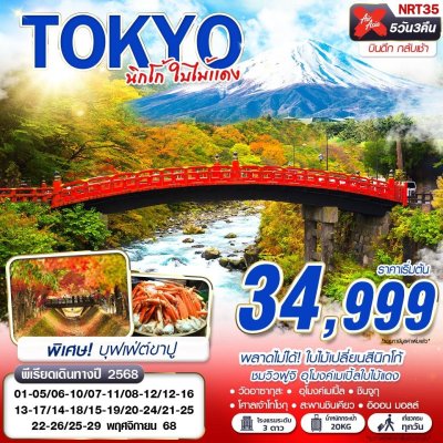 ทัวร์ญี่ปุ่น โตเกียว TOKYO นิกโก้ ใบไม้แดง (บินดึกกลับเช้า เที่ยวเต็ม) 5D3N บินXJ เดินทาง พ.ย. 68 ราคาเริ่มต้น 34,999 บาท