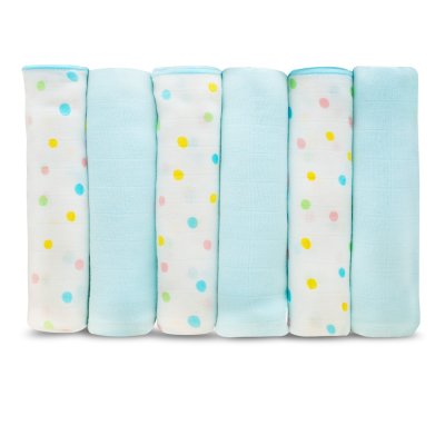 Muslin Bamboo Baby Diapers 27 inches, Set of 6 - Assorted Blue Tones (New Pack)