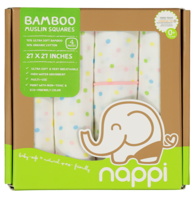 Muslin Bamboo Baby Diapers 27 inches, Set of 4 - Polka Dot Pattern with Pink Edging