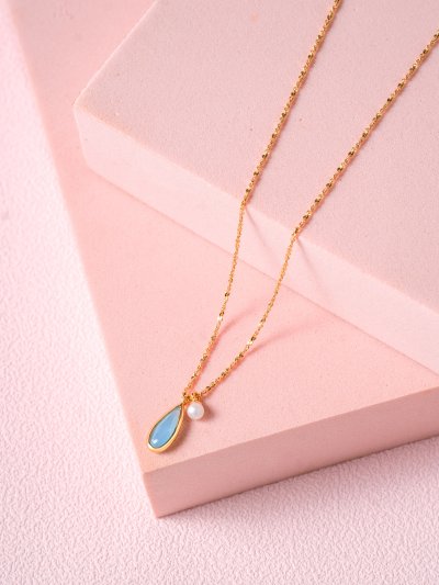 Moonlit Drop - Blue Chalcedony & Pearl Necklace