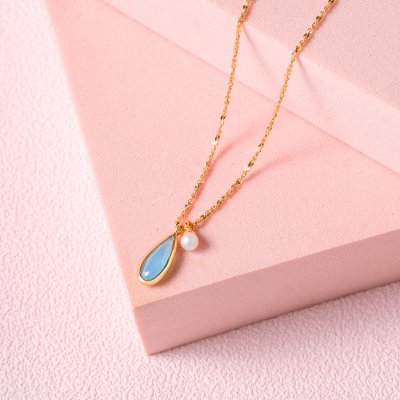 Moonlit Drop - Blue Chalcedony & Pearl Necklace