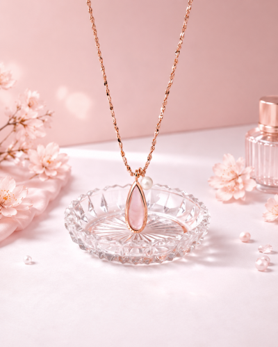Moonlit Drop - Rose Quartz & Pearl Necklace สร้อยคอหินนำโชคนำเข้าจากเกาหลี เสริมด้านความรัก และความสัมพันธ์