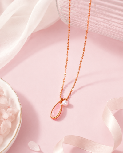 Moonlit Drop - Rose Quartz & Pearl Necklace สร้อยคอหินนำโชคนำเข้าจากเกาหลี เสริมด้านความรัก และความสัมพันธ์