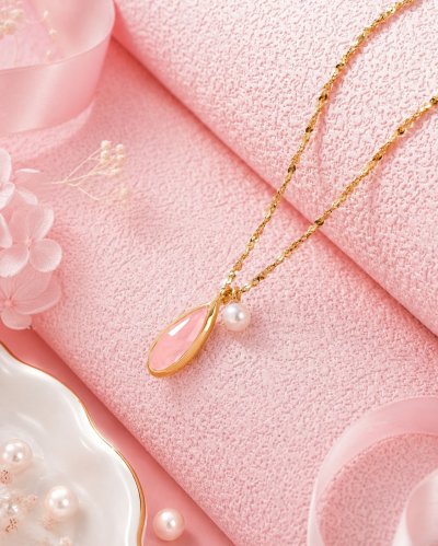 Moonlit Drop - Rose Quartz & Pearl Necklace สร้อยคอหินนำโชคนำเข้าจากเกาหลี เสริมด้านความรัก และความสัมพันธ์