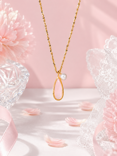 Moonlit Drop - Rose Quartz & Pearl Necklace สร้อยคอหินนำโชคนำเข้าจากเกาหลี เสริมด้านความรัก และความสัมพันธ์