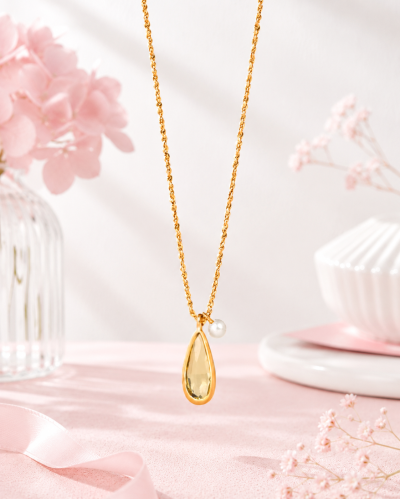 Moonlit Drop - Lemon Quartz & Pearl Necklace สร้อยคอหินนำโชคนำเข้าจากเกาหลี เสริมสมาธิ ความคิดสร้างสรรค์ การตัดสินใจ