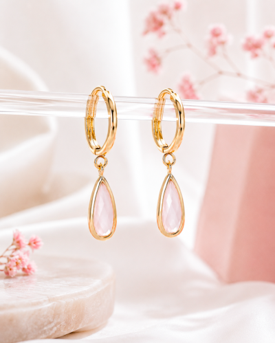 Moonlit Drop - Rose Quartz Earrings ต่างหูหินนำโชคนำเข้าจากเกาหลี เสริมด้านความรัก และความสัมพันธ์ เยียวยาหัวใจ