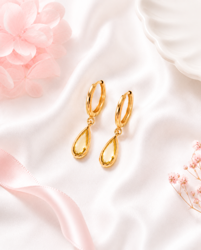 Moonlit Drop - Lemon Quartz & Pearl Earrings ต่างหูหินนำโชคนำเข้าจากเกาหลี เสริมสมาธิ ความคิดสร้างสรรค์ การตัดสินใจ
