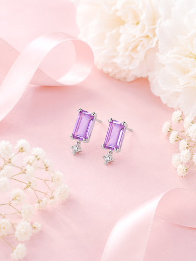 Side by Shine ตุ้มหูหินนำโชค เสริมสมดุลภายใน การตัดสินใจ ความคิดชัดเจน จัดการอารมณ์ - Amethyst & White Topaz Earrings