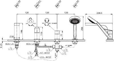 CT3022X#GG ก๊อกผสมติดอ่างอาบน้ำพร้อมฝักบัวสายอ่อน